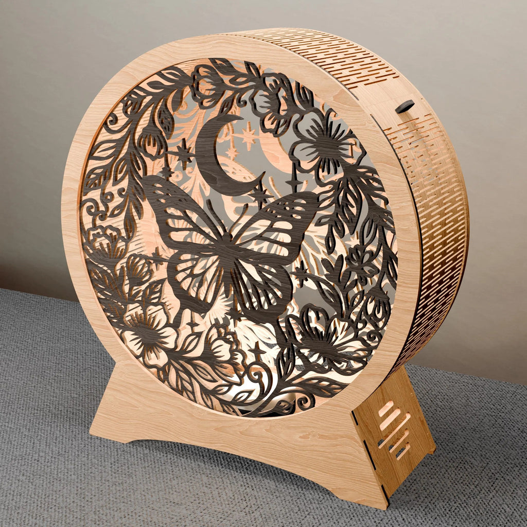 Butterfly Moon Lamp SVG Laser Cut File, Multilayer Mandala 3D Wooden Night Light, Floral Round Lamp Digital Download