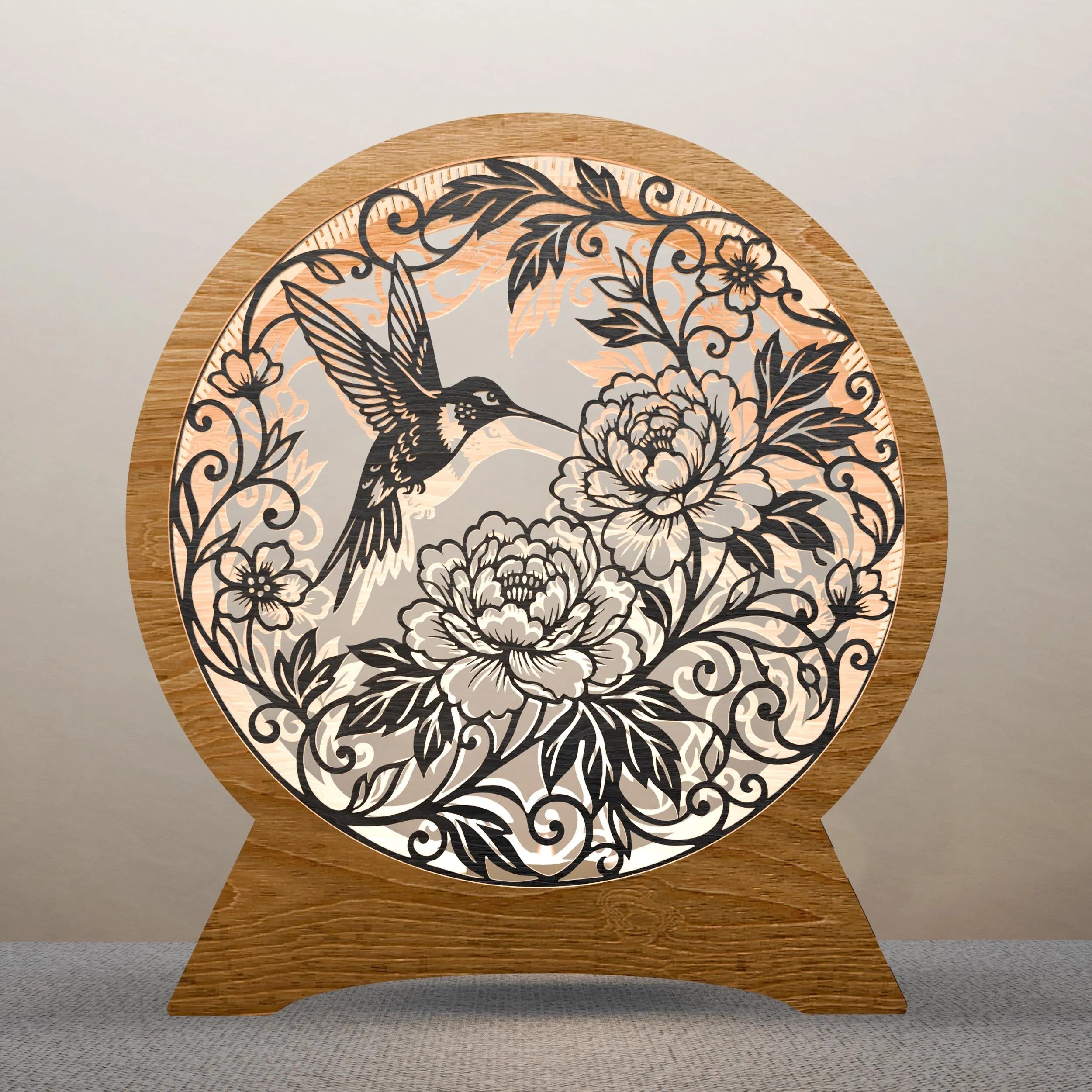 Hummingbird Peony Round Lamp SVG Laser Cut File, 3D Layered Floral Night Light, Glowforge Cricut Wood Lantern Digital Download