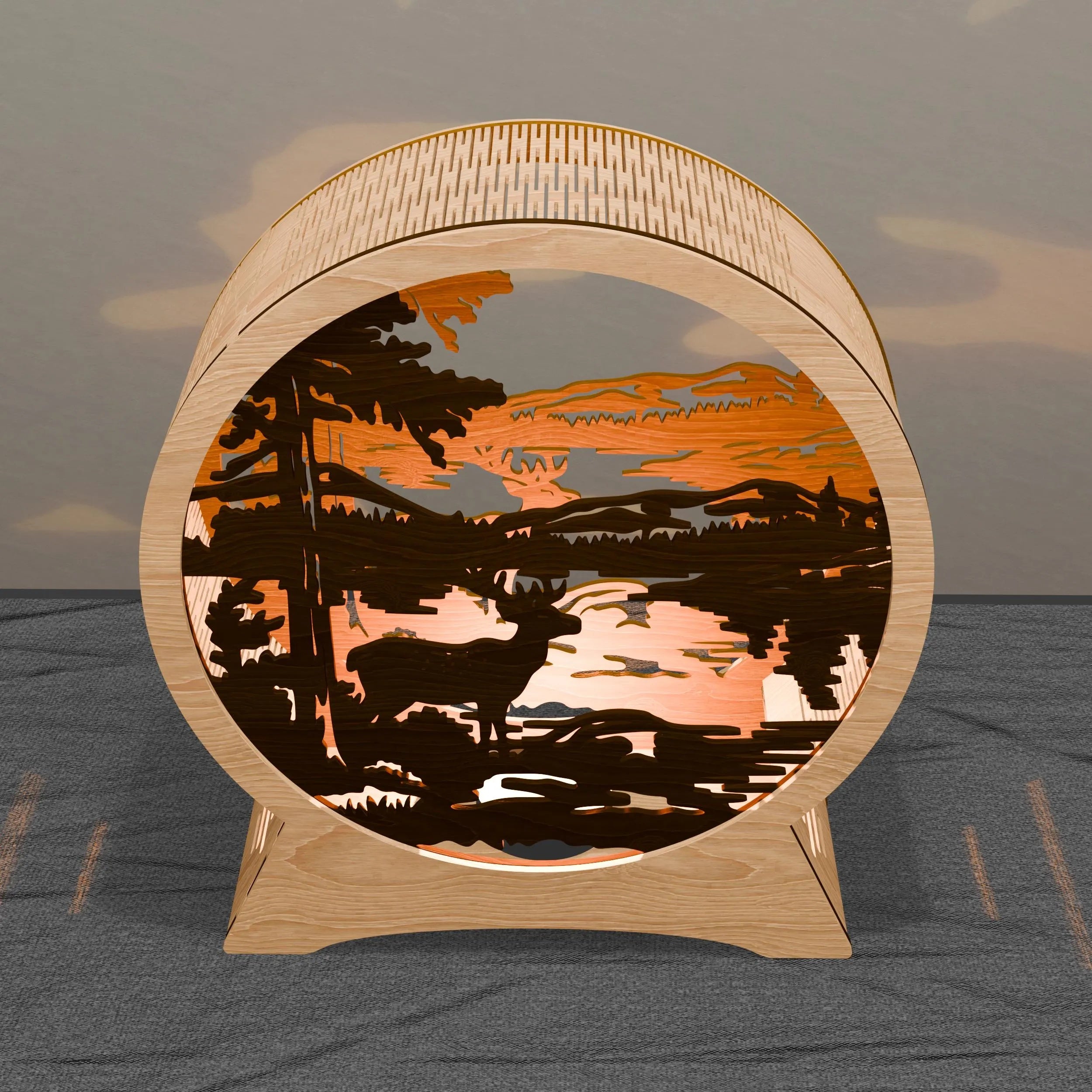 Deer Lake Sunset Multilayer Lamp SVG Laser Cut Files, 3D Layered Wildlife Scene Light Box Digital Download for Glowforge