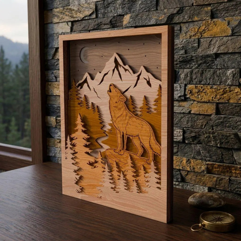 Howling Wolf Mountain Multilayer SVG Laser Cut File, 3D Layered Wolf Forest Shadow Box SVG, Glowforge Wood Wall Art Digital Download