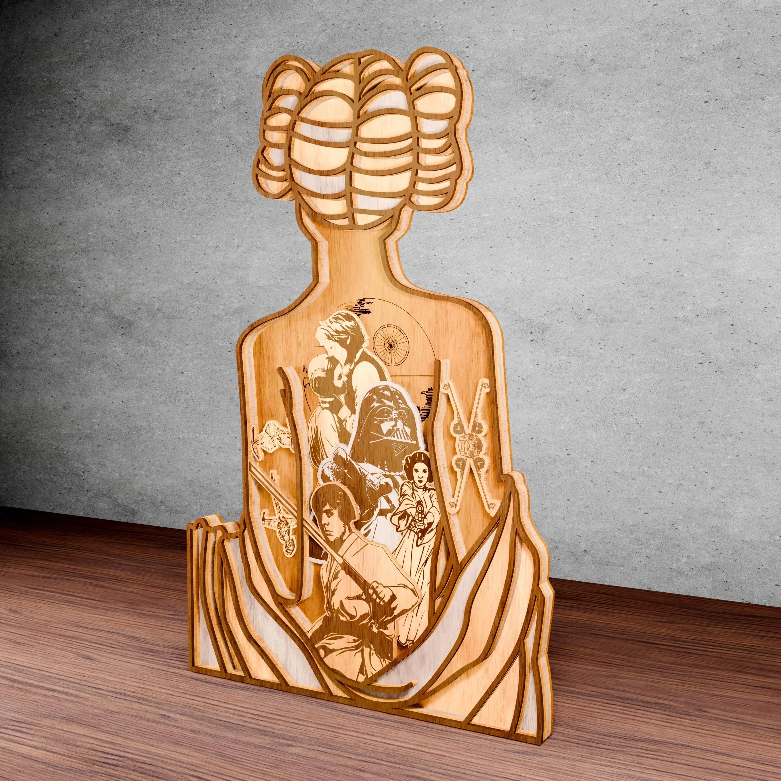 Princess  Multilayer SVG Laser Cut File, Star Wars 3D Mandala Wood Sculpture, Glowforge Layered Bust Digital Download