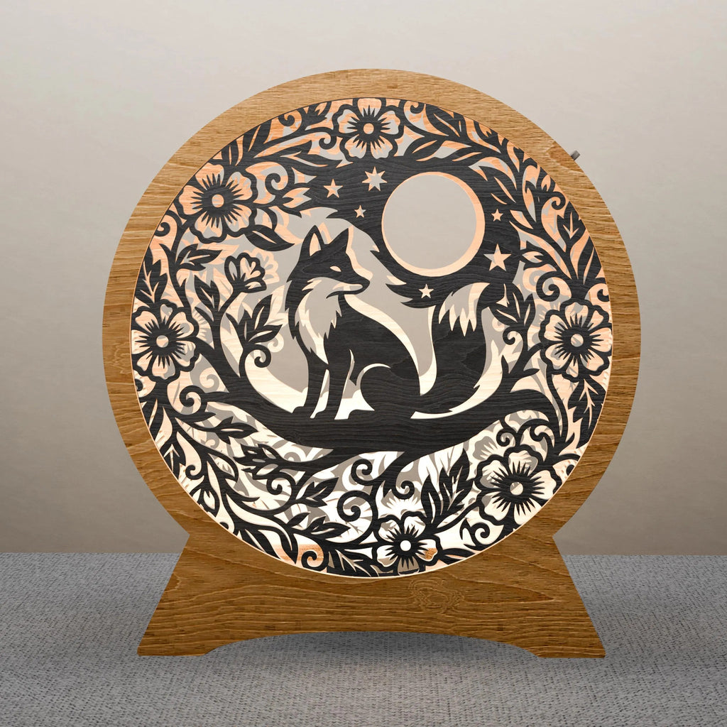Fox Moon Multilayer Mandala SVG, 3D Layered Light Box Laser Cut Files, Floral Forest Shadow Box Lamp Digital Download