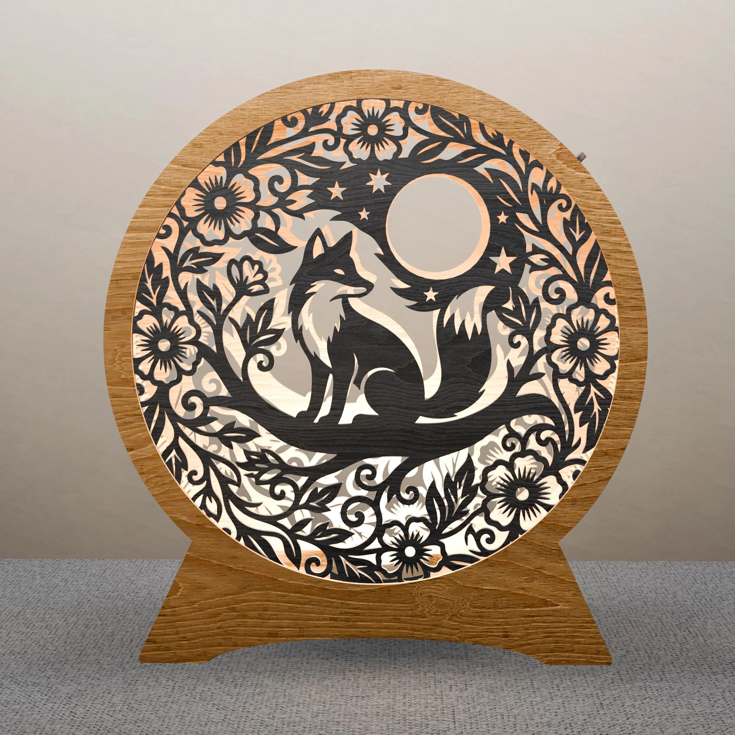Fox Moon Multilayer Mandala SVG, 3D Layered Light Box Laser Cut Files, Floral Forest Shadow Box Lamp Digital Download