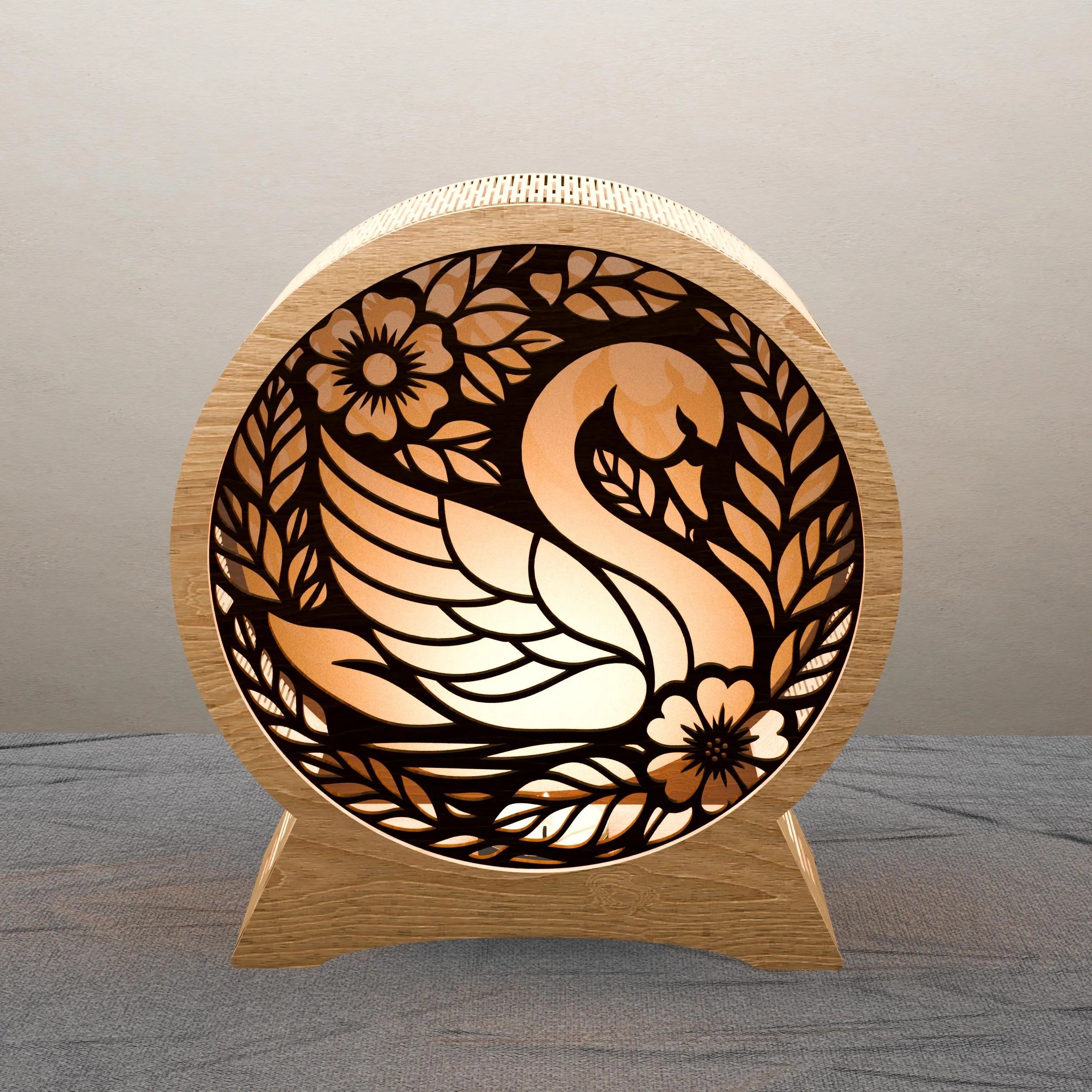 Swan Lamp SVG Laser Cut Files, 3D Round Wooden Night Light Template, Floral Swan Mandala Layered Cut File for Glowforge