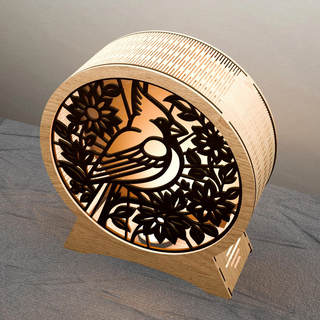 Cardinal Bird Round Lantern Laser Cut Files SVG DXF Wooden Night Light Floral Multilayer 3D Lamp Digital Download