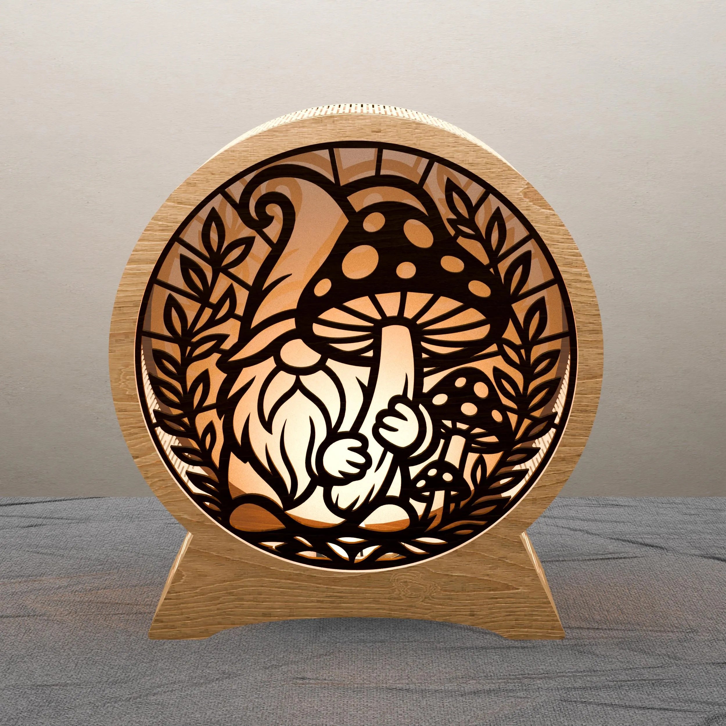 Gnome Mushroom Lantern Laser Cut File, 3D Round Wooden Night Light SVG, Multilayer Mandala Light Box Digital Download for Glowforge