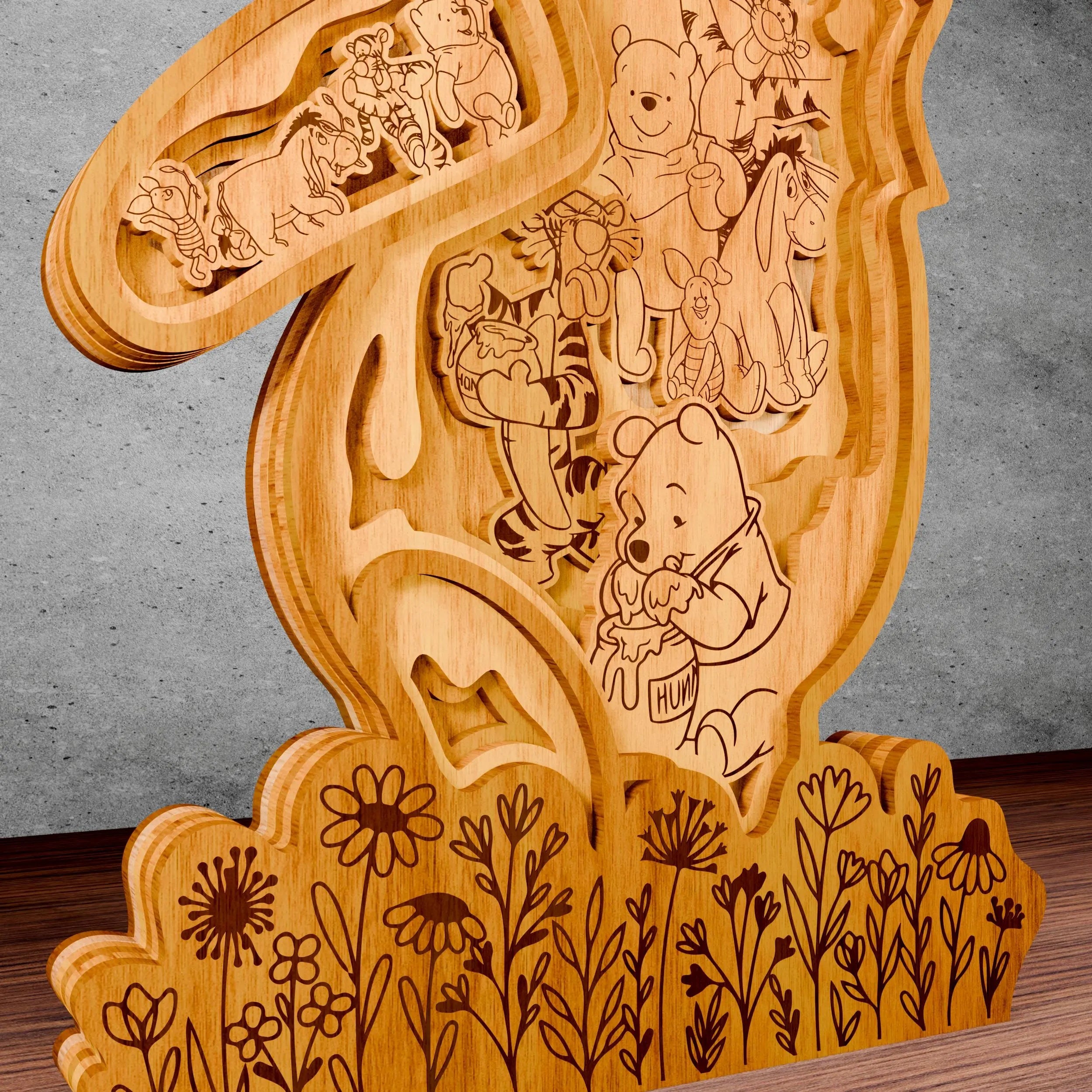 Honey Bear & Friends Multilayer Laser Cut SVG, Cute Bear Tiger & Piglet Forest 3D Layered Wood Art, Glowforge Nursery Decor Digital Download