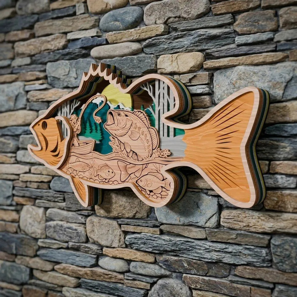 Bass Fishing Multilayer 3D SVG Laser Cut File, Largemouth Bass Fisherman Lake Scene Wall Art, Glowforge Cricut Digital Download