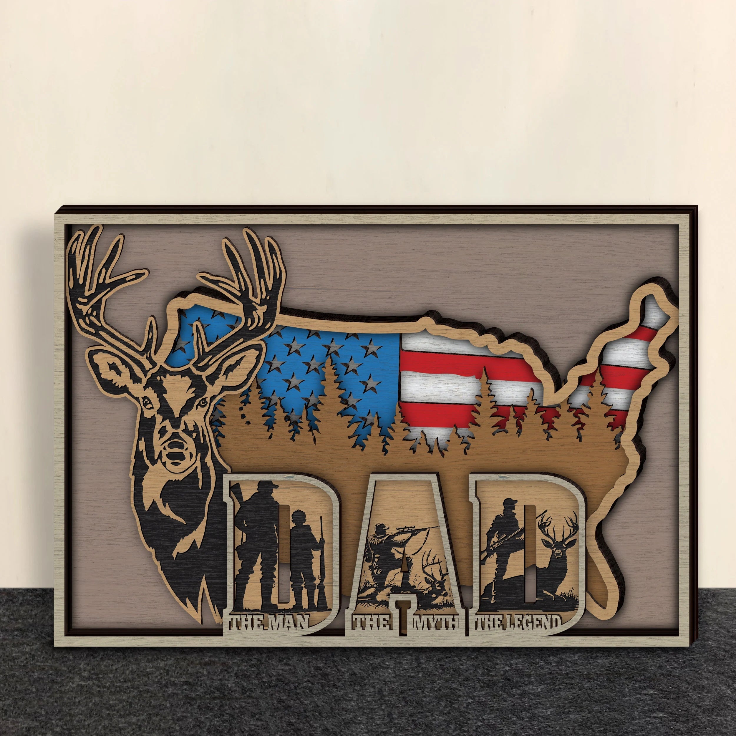 Dad The Man The Myth The Legend SVG, USA Map Deer Hunting Multilayer SVG, American Flag Buck Laser Cut File, Fathers Day Gift