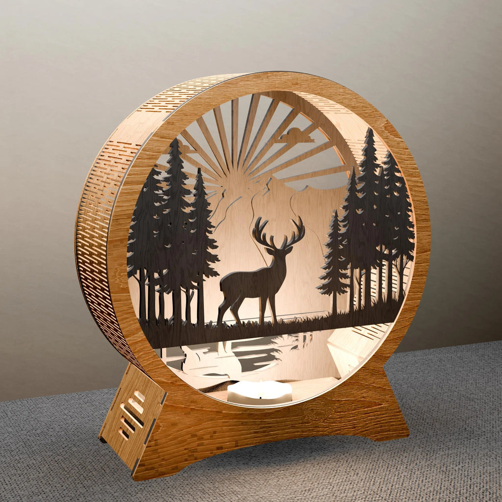 Deer Forest Light Box SVG Laser Cut Files, 3D Layered Stag Sunrise Lamp, Glowforge Wood Night Light Digital Download