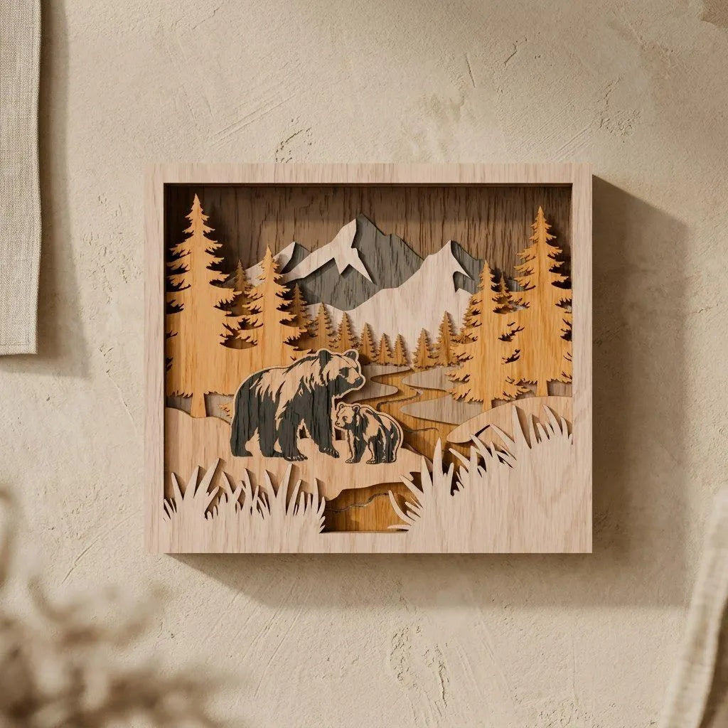 Bear Family Mountain Scene 3D Layered SVG, Multilayer Shadow Box Laser Cut File, Forest Wildlife Wall Art, Glowforge Cricut