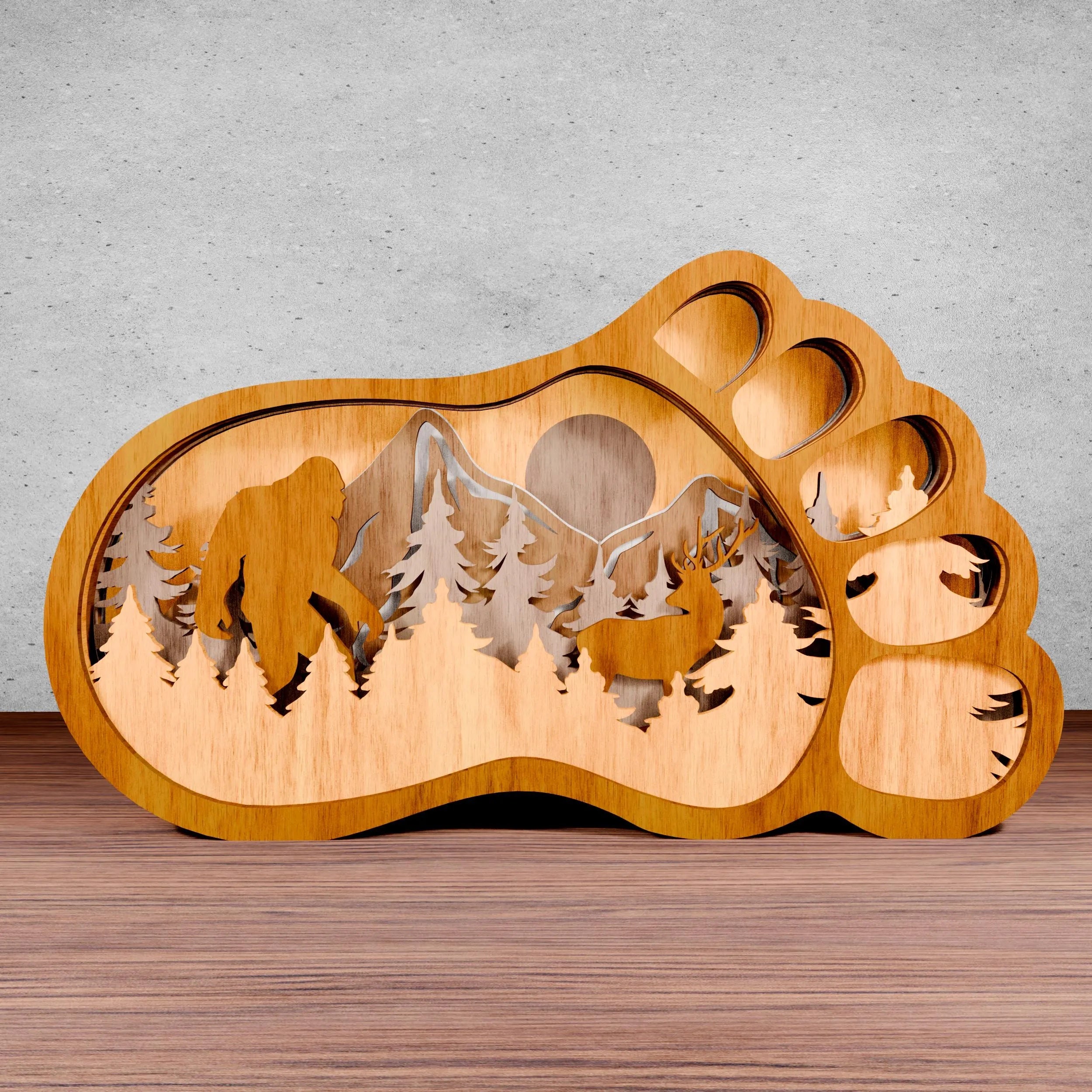Bigfoot Foot Multilayer Laser Cut Files SVG, Sasquatch Mountain Forest Scene 3D Layered Shadow Box Digital Download