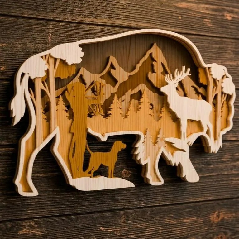 Bison Hunter Scene Laser Cut Files SVG Bundle, Multilayer 3D Buffalo Hunting Wall Art, Deer Dog Mountain Forest DXF CDR