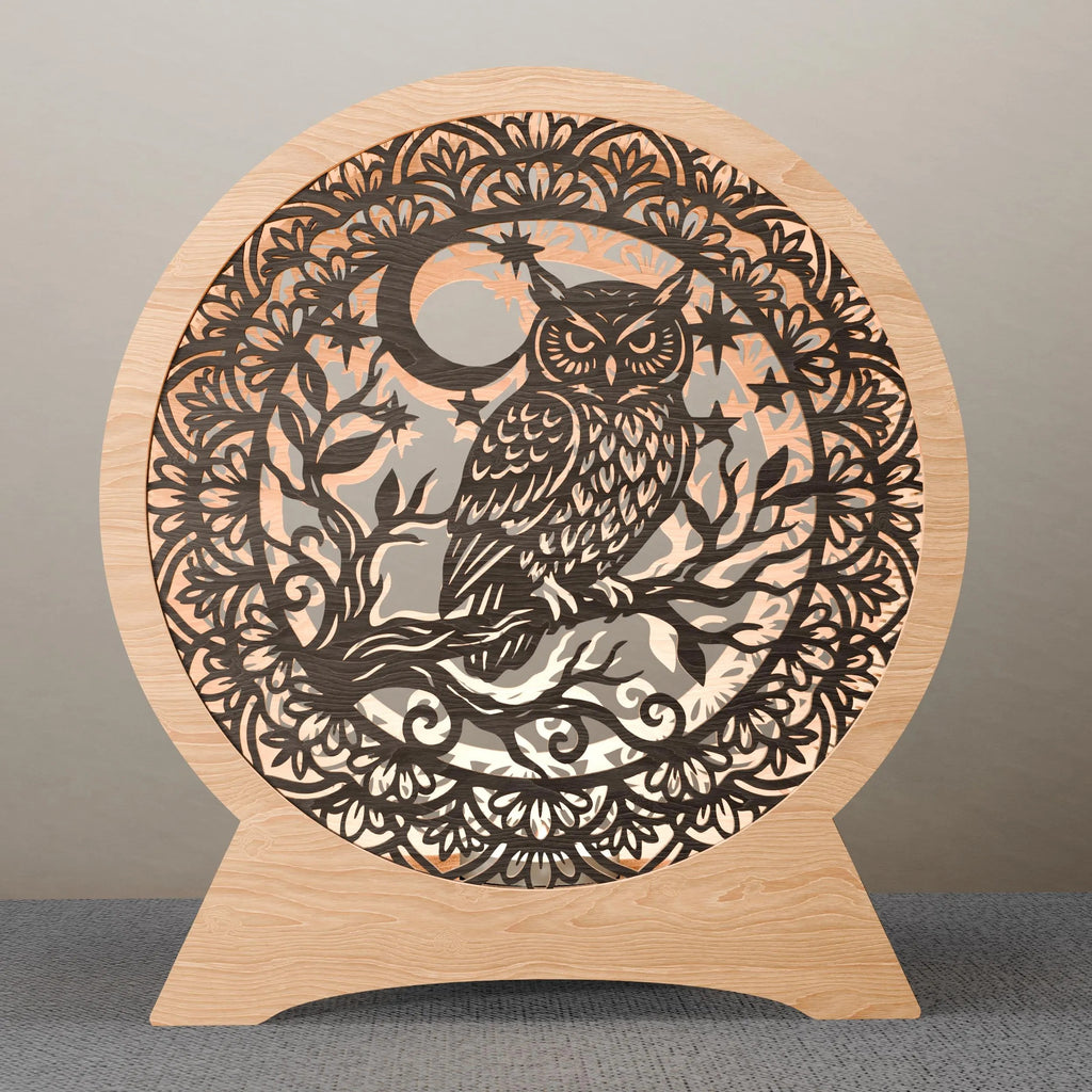 Owl Moon Mandala Multilayer SVG Laser Cut File, 3D Layered Night Lamp DXF, Bohemian Owl Wall Art Digital Download
