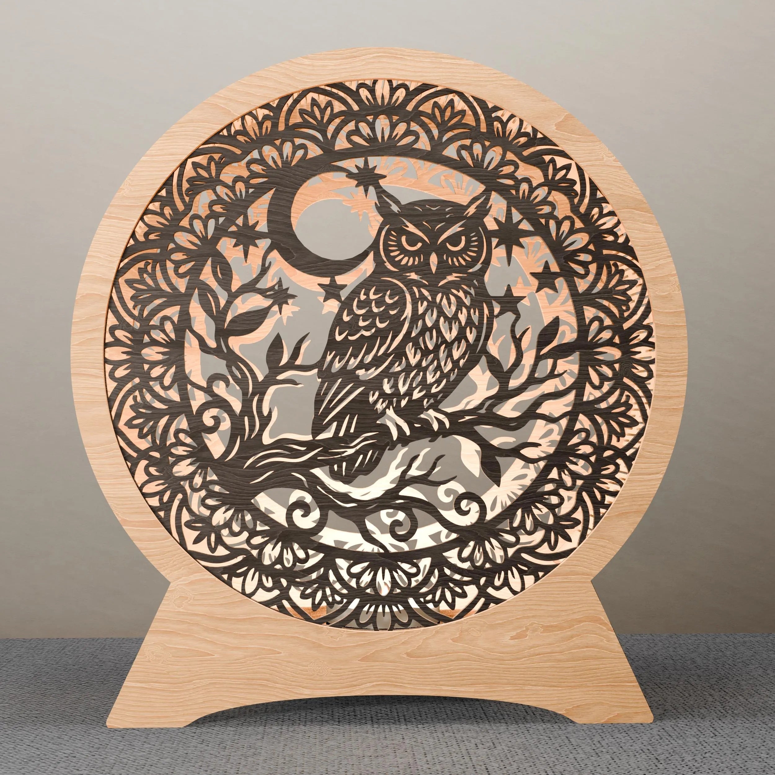 Owl Moon Mandala Multilayer SVG Laser Cut File, 3D Layered Night Lamp DXF, Bohemian Owl Wall Art Digital Download