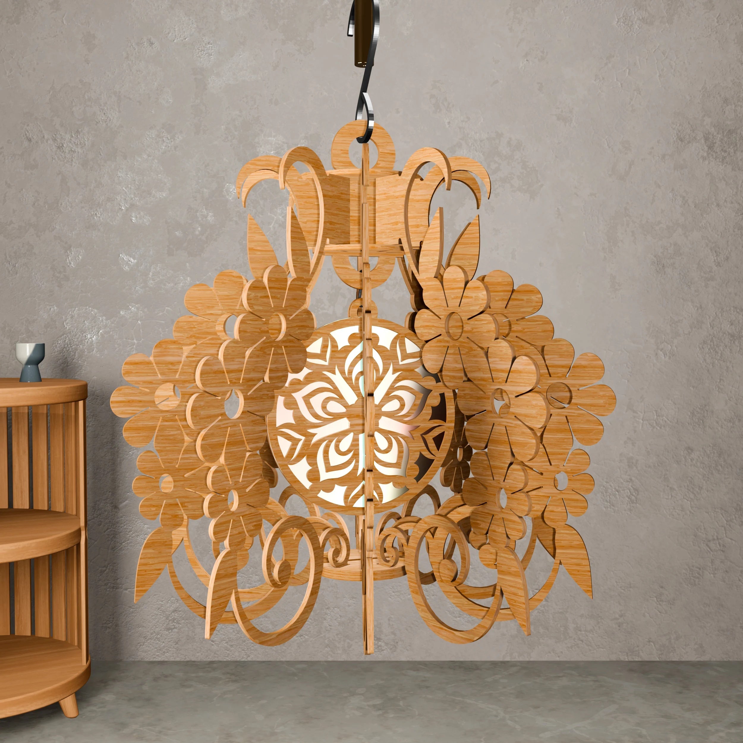 Floral Pendant Lamp Laser Cut Files, Bohemian Wooden Chandelier SVG DXF, Hanging Flower Light Shade Digital Download for CNC Glowforge