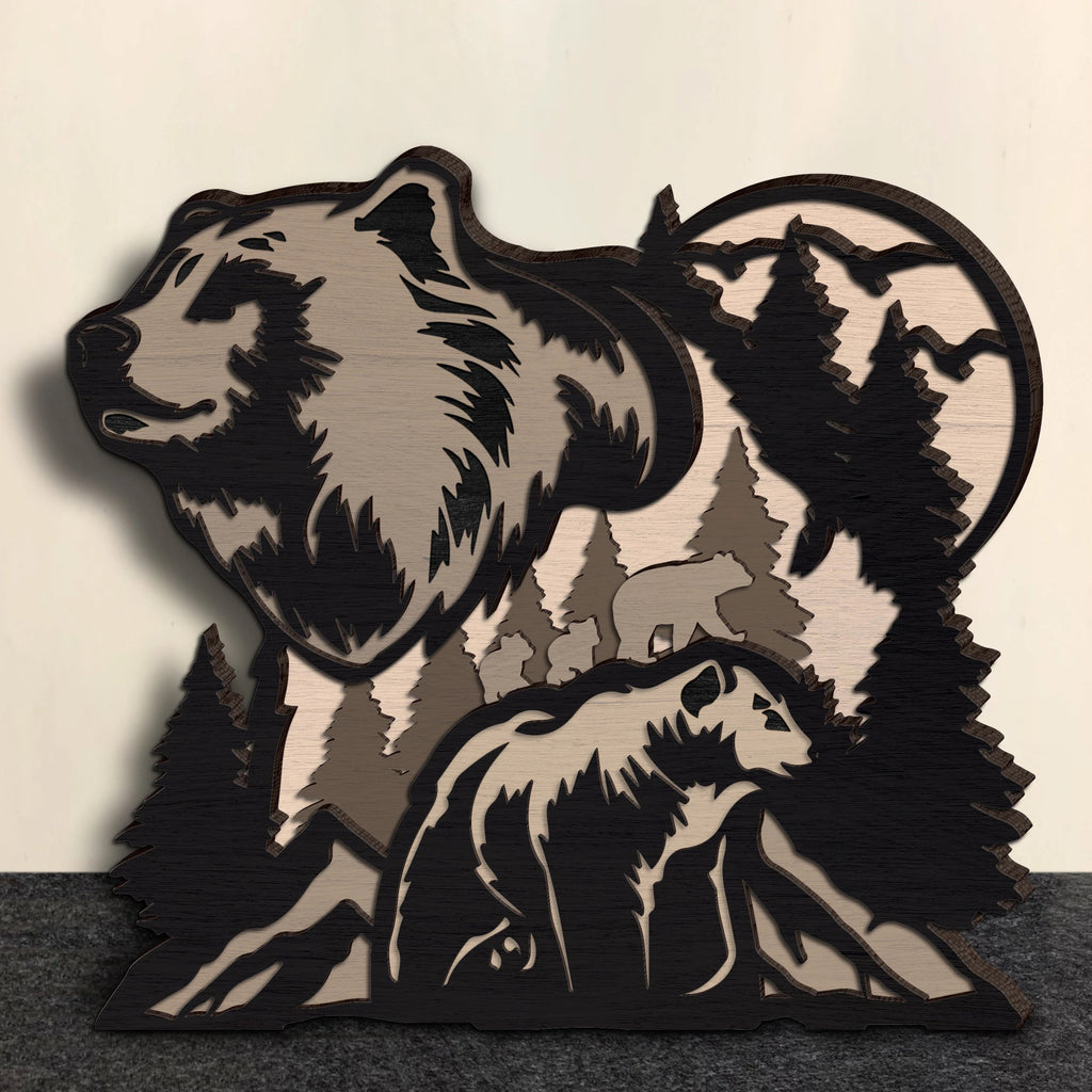 Bear Family SVG Multilayer Laser Cut File, 3D Mandala Forest Mountain Bear Wall Art, Glowforge Cricut Layered Mandala Digital Download