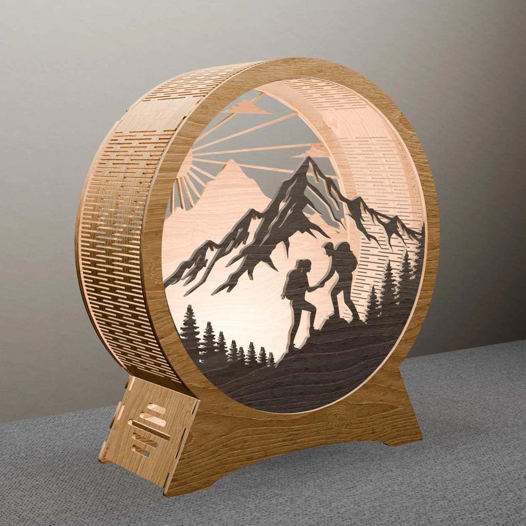 Hiking Couple Mountain Sunrise 3D Layered Lamp SVG Laser Cut File, Round Night Light Digital Download, Adventure Wood Lamp Vector