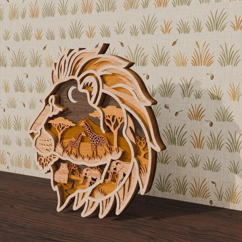 Lion Safari Multilayer SVG Laser Cut File, 3D Layered Mandala Wall Art, Africa Animals Wood DXF CDR Glowforge Cricut Digital