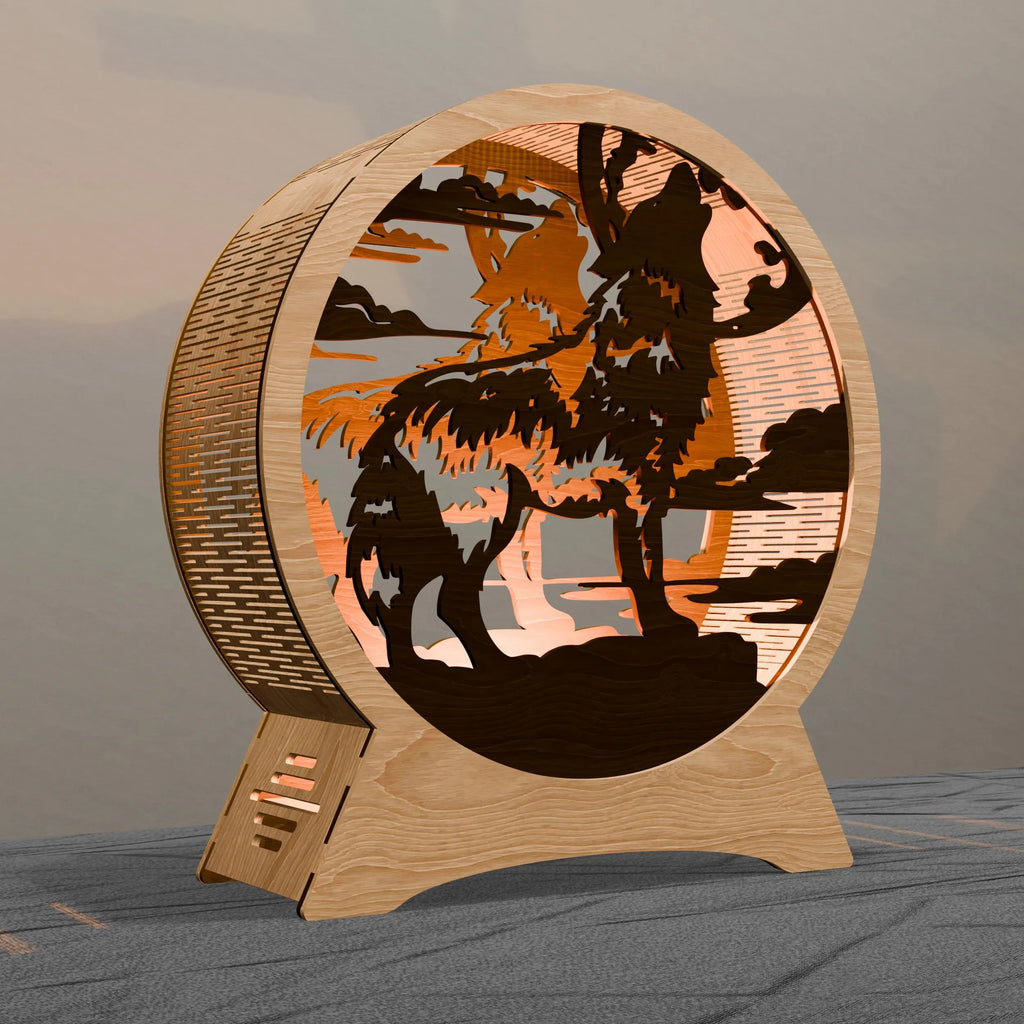 Howling Wolf Multilayer 3D SVG Laser Cut File, Round Wolf Moon Night Light Lamp, Glowforge Cricut Digital Download
