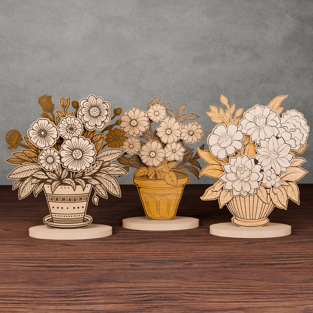 Flower Pot Laser Cut Files Bundle SVG, Layered Floral Bouquet Vase Standee, Glowforge 3D Decor, Multi-Layer Wood Shelf Sitter Cut File