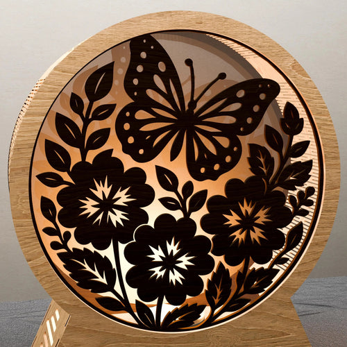 Butterfly Floral Round Light Box SVG Laser Cut File, 3D Layered Mandala Night Lamp, Glowforge Shadow Box Digital Download