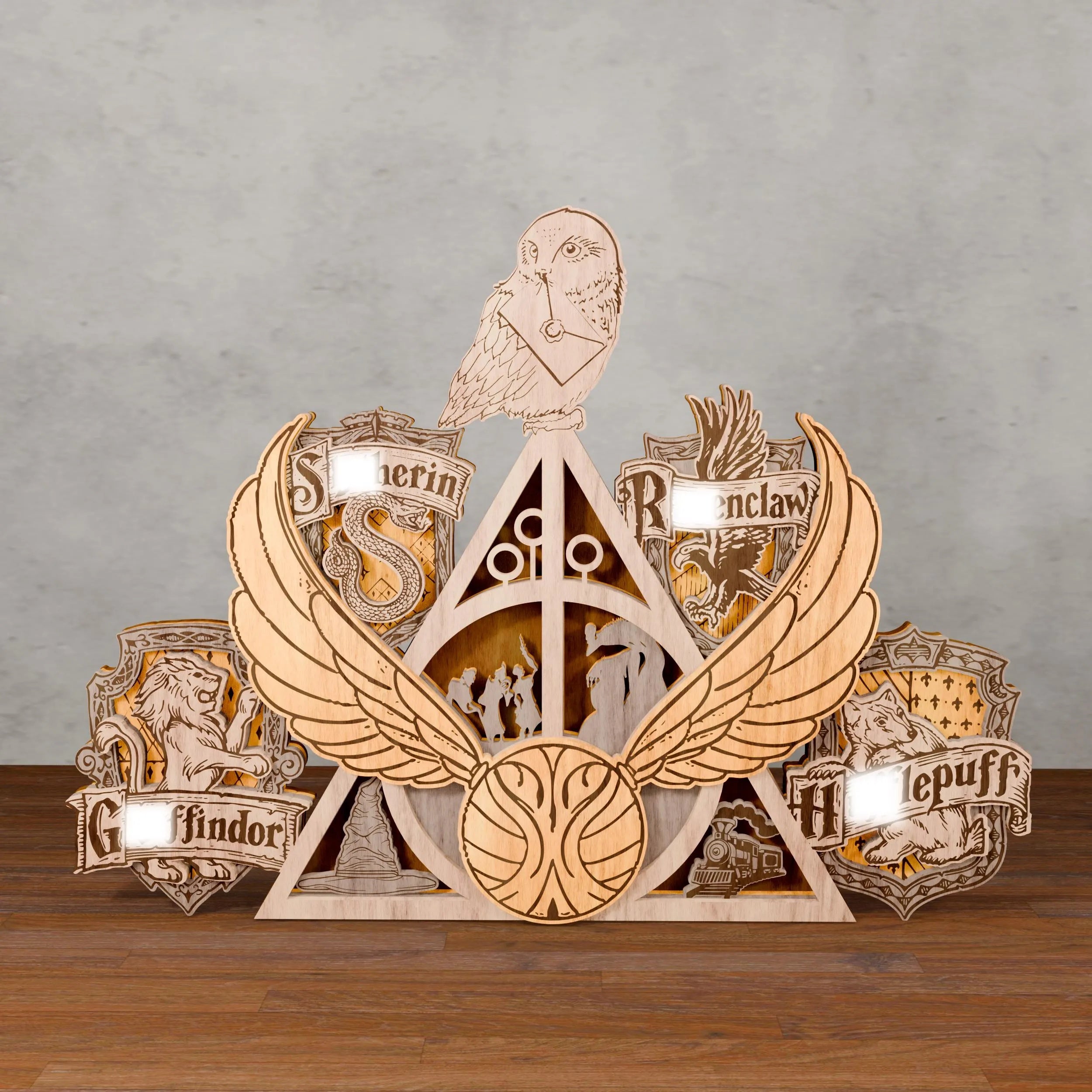 Magic Wizard Crest Multilayer SVG, Four Houses Owl & Flying Ball 3D Layered Wood Lamp, Glowforge Night Light Digital Download