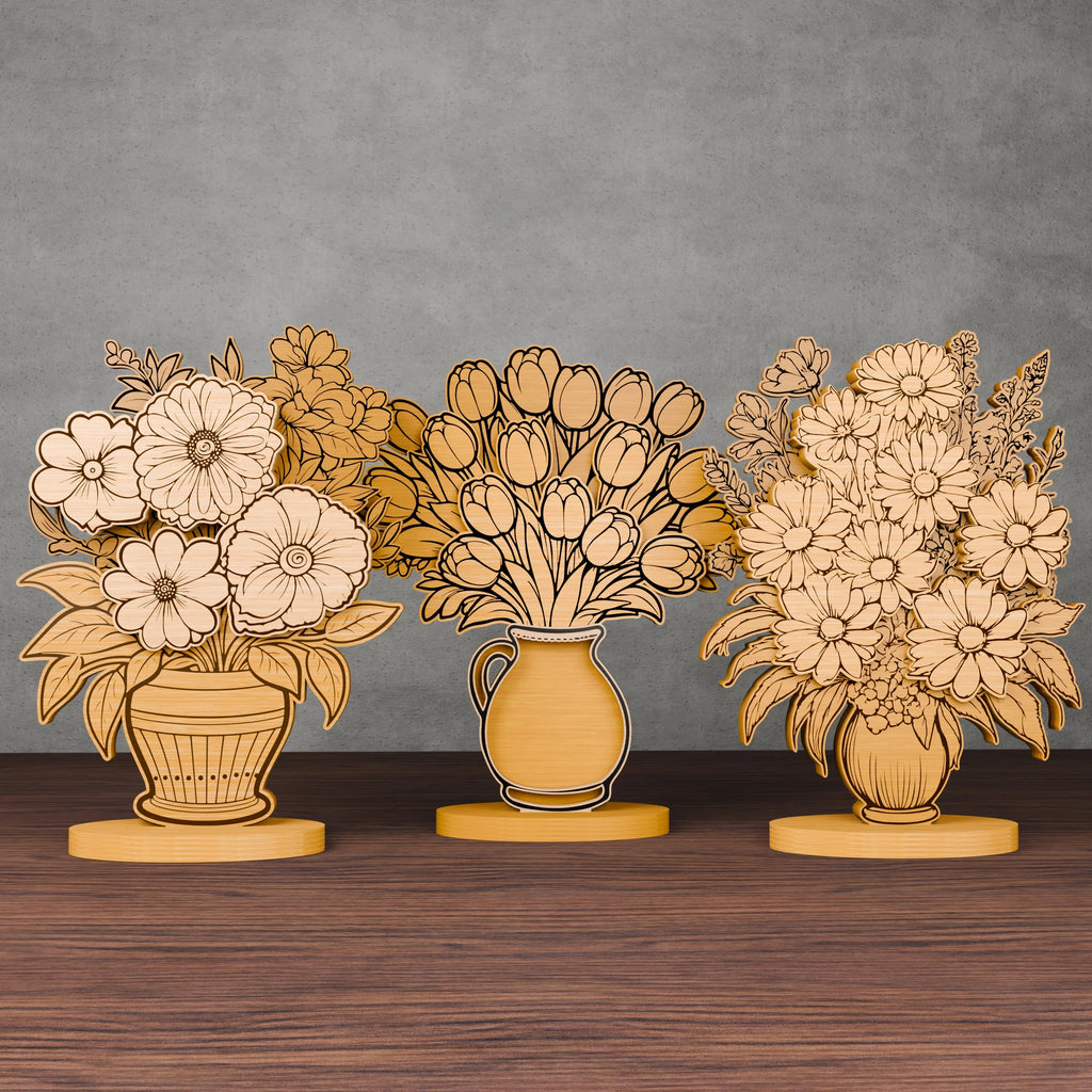 Flower Vase Bouquet Laser Cut SVG Bundle, Multilayer 3D Floral Centerpiece, Tulip Daisy Zinnia Files for Glowforge Cricut