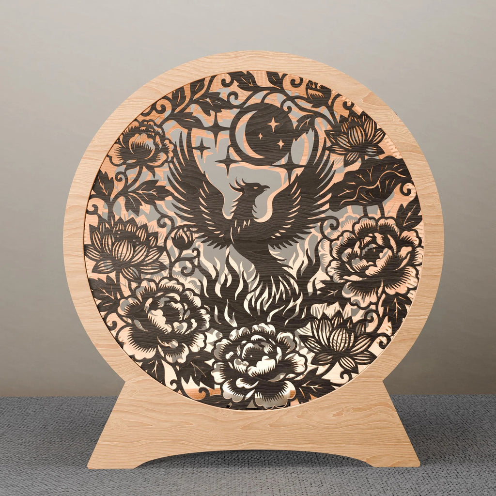 Phoenix Lamp SVG Laser Cut Files, Multilayer Mandala Night Light, Peony Lotus Moon 3D Wood Lantern Digital Download for Glowforge
