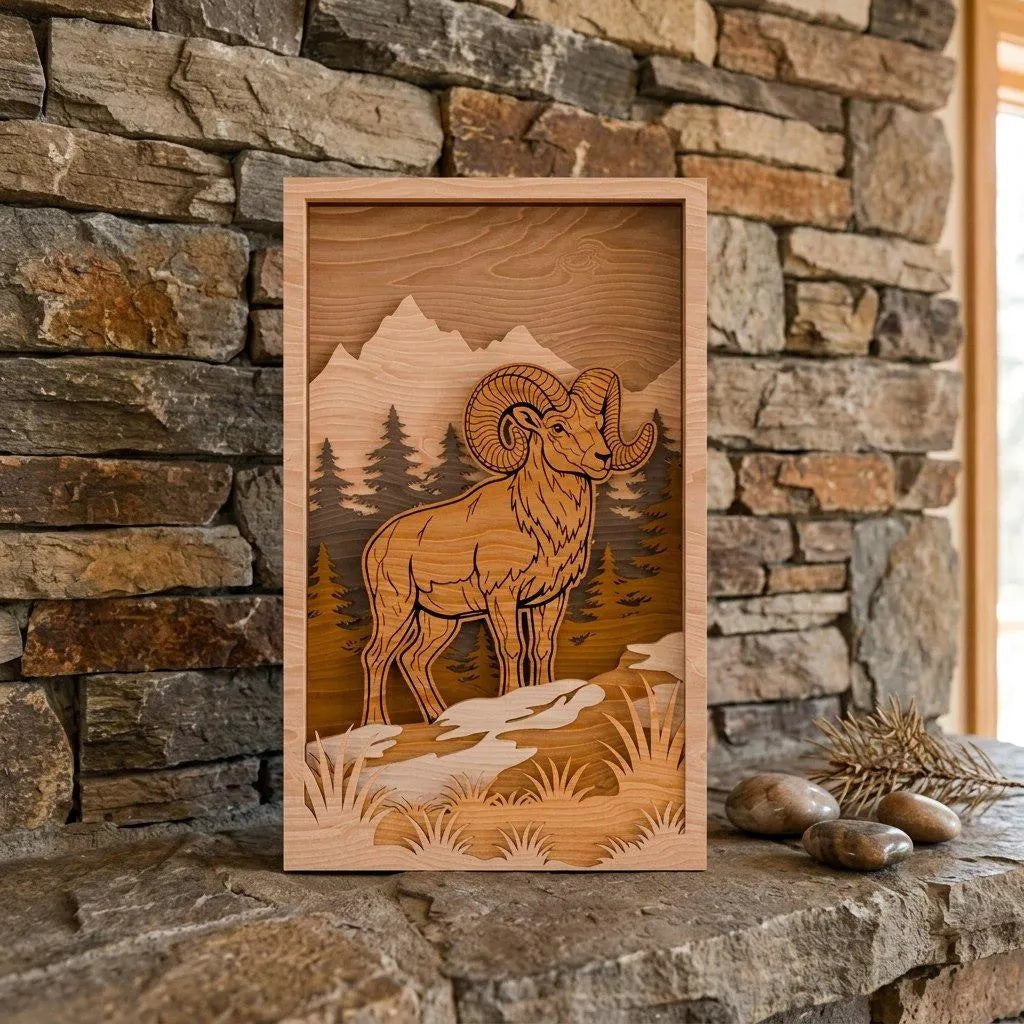 Bighorn Ram Multilayer SVG Laser Cut File, 3D Layered Mountain Wildlife Shadow Box, Glowforge Wall Art Digital Download