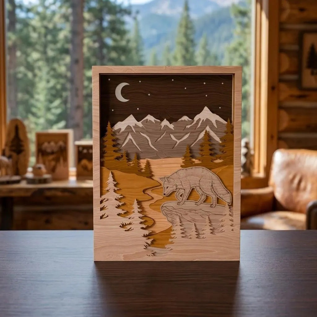 Fox Mountain Shadow Box SVG, 3D Layered Wolf Forest Laser Cut File, Multilayer Wood Wall Art, Glowforge Cricut Digital Download