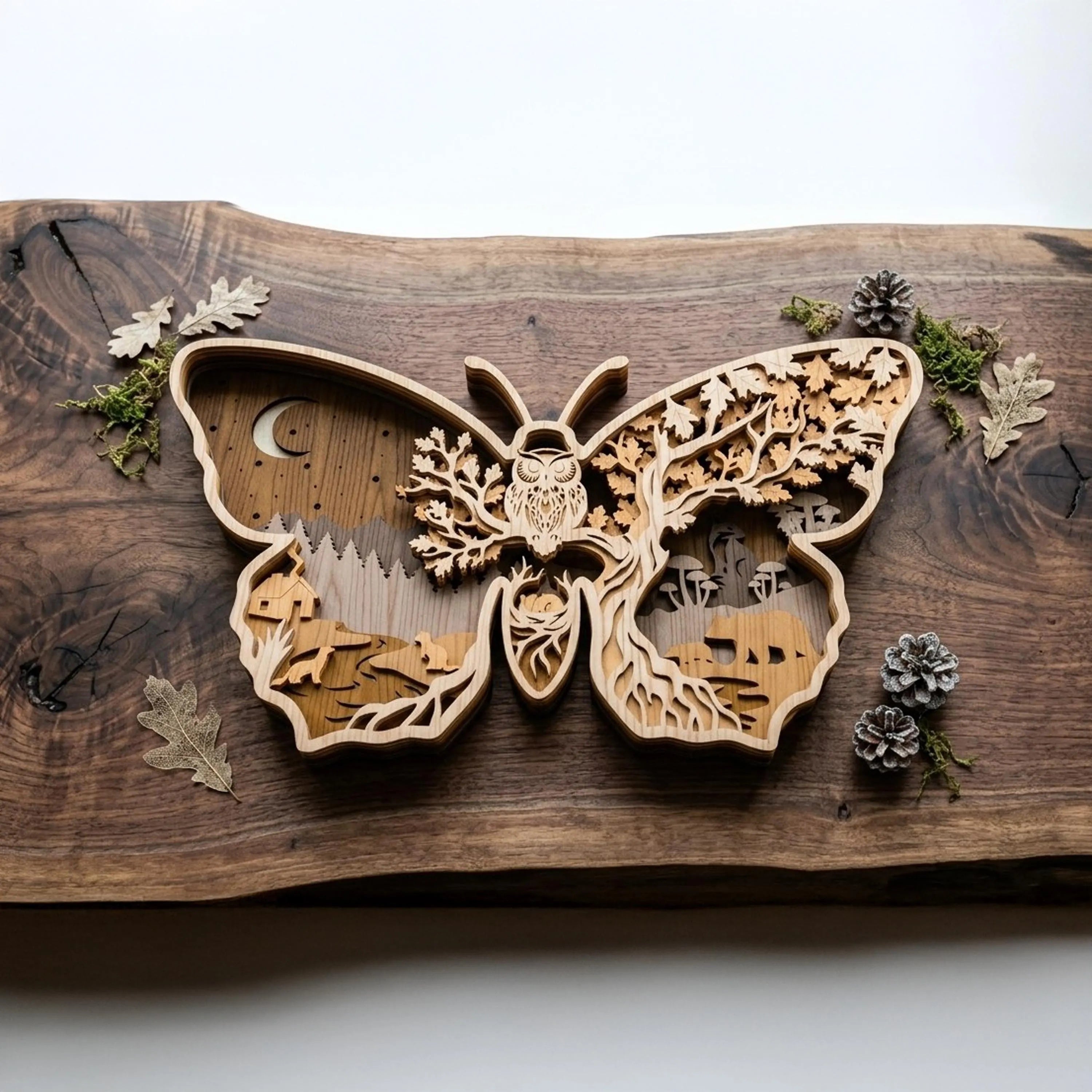 Multilayer Butterfly Owl Forest SVG Laser Cut File, 3D Layered Woodland Scene, Wall Art Glowforge Cricut Digital Download