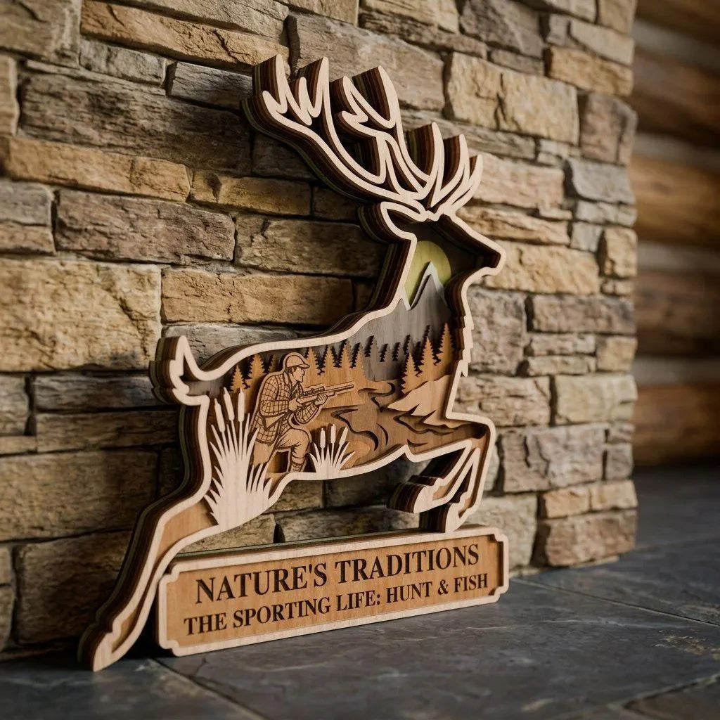 Hunting Deer SVG Laser Cut File, Multilayer Leaping Stag Hunter Scene, 3D Layered Wood Sign Cabin Decor Digital Download
