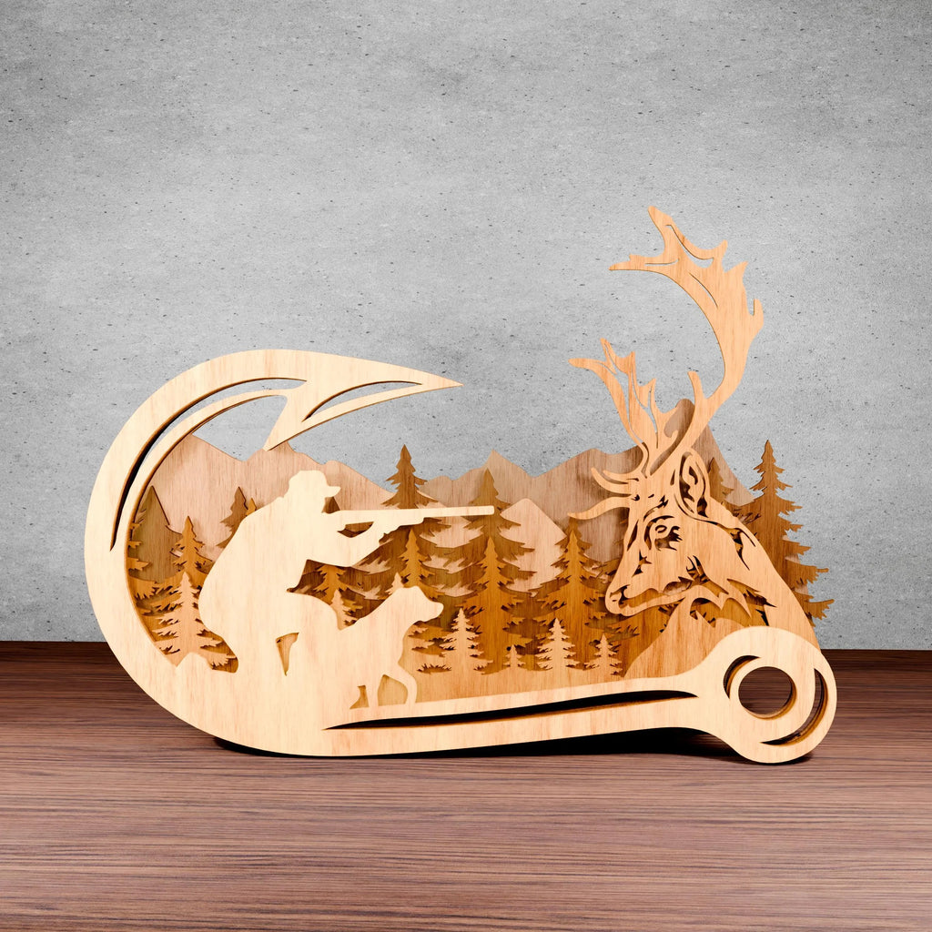 Deer Hunter Fishing Hook Multilayer SVG Laser Cut File, 3D Hunting Scene Wood Cut Pattern, Buck Forest Mountain Digital Download