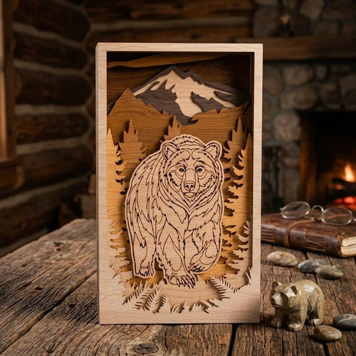 3D Bear Mountain Shadow Box SVG, Layered Grizzly Wall Art Laser Cut File, Cabin Wildlife Multilayer Glowforge Cricut Digital Download