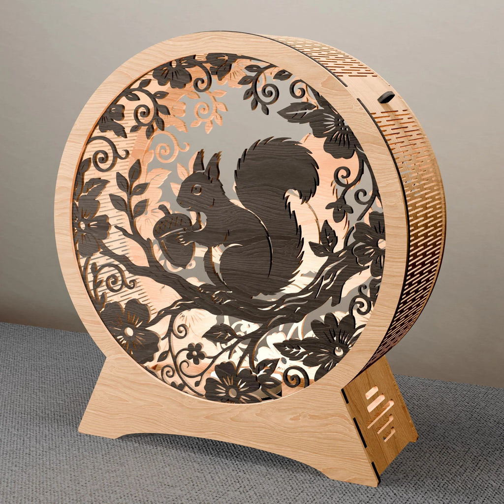 Squirrel Light Box SVG Laser Cut Files, 3D Round Wooden Night Lamp, Floral Forest Animal Shadow Box Digital Download for Glowforge