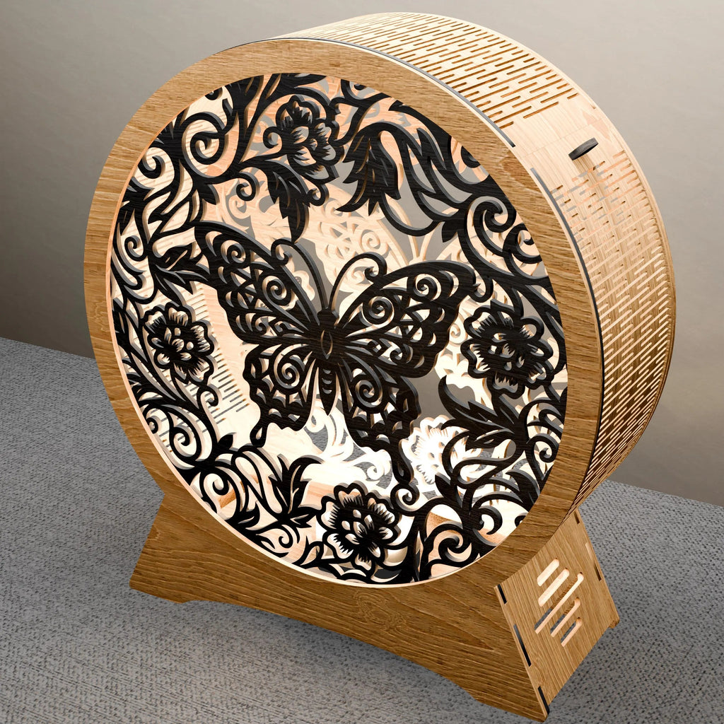Butterfly Mandala Round Lamp SVG Laser Cut Files, 3D Layered Floral Night Light DXF, Glowforge Wood Light Box Digital Download