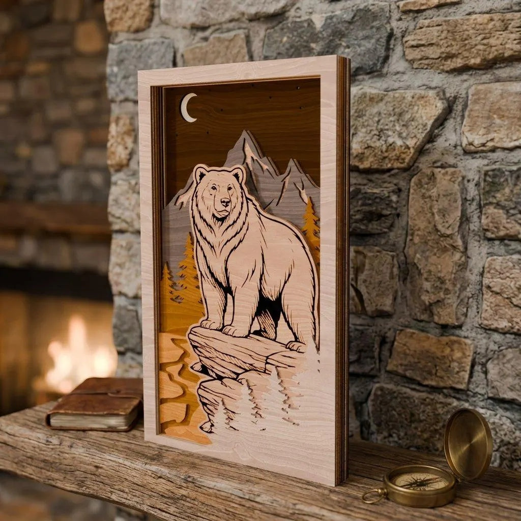 Bear Mountain 3D Layered SVG Laser Cut File, Multilayer Grizzly Shadow Box Wood Wall Art, Glowforge Cricut Digital Download