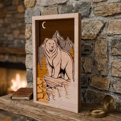 Bear Mountain 3D Layered SVG Laser Cut File, Multilayer Grizzly Shadow Box Wood Wall Art, Glowforge Cricut Digital Download