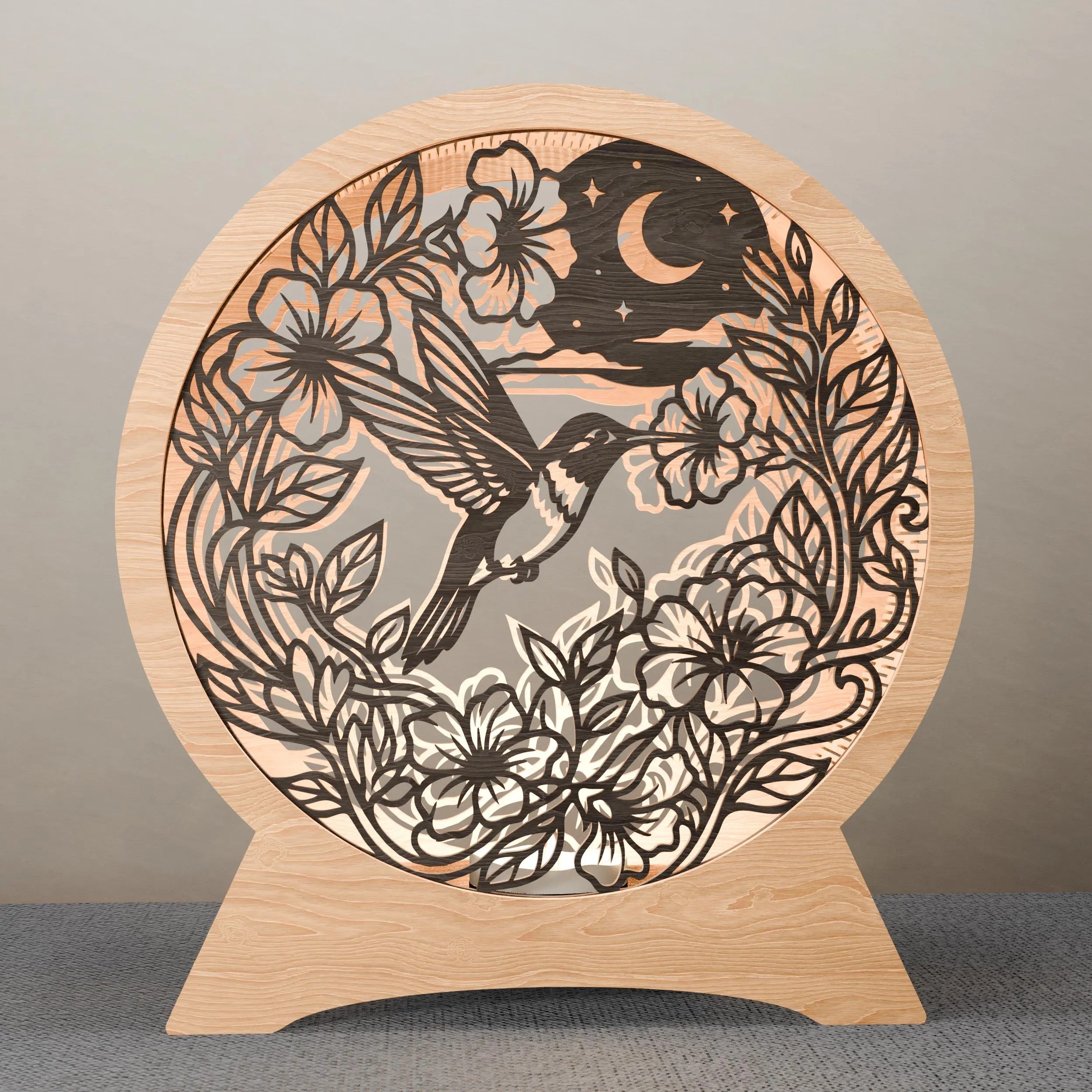 Hummingbird Floral Moon Lamp SVG Laser Cut File, 3D Multilayer Round Night Light Vector, Glowforge Digital Download