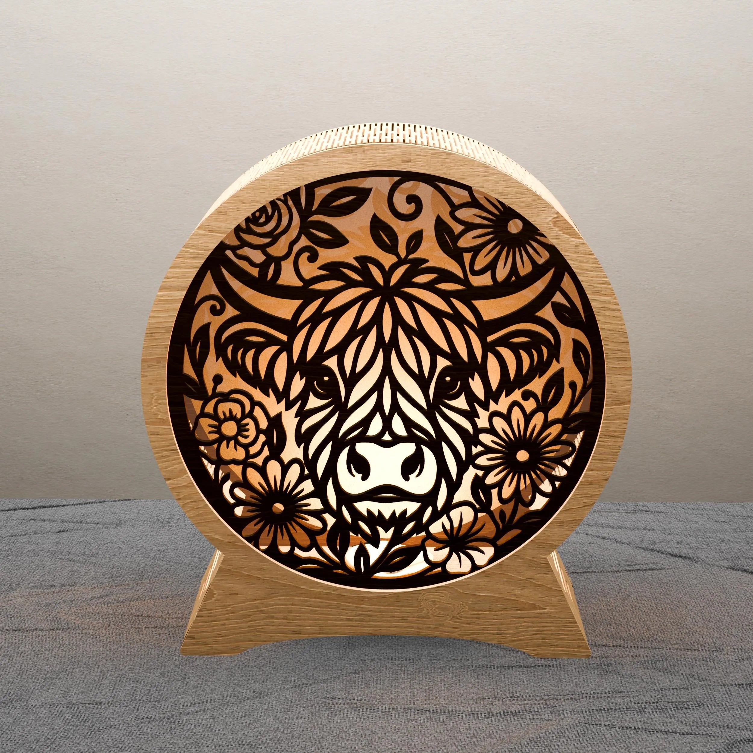 Highland Cow Mandala Lamp SVG Laser Cut Files, 3D Floral Bull Night Light Multilayer Vector, Glowforge Cricut Digital Download