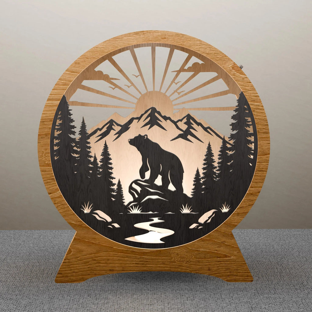 Bear Mountain Sunrise Round Lamp SVG Laser Cut Files, 3D Layered Wildlife Night Light DXF, Glowforge Wood Lamp Template