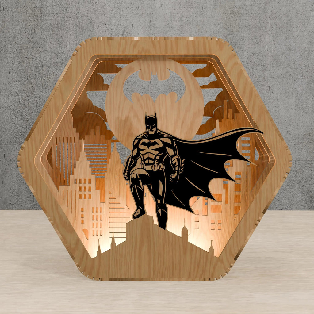 Dark Knight Hero Multilayer Laser Cut SVG, Caped Vigilante & City Skyline 3D Layered Wood Art, Glowforge Superhero Decor Digital Download