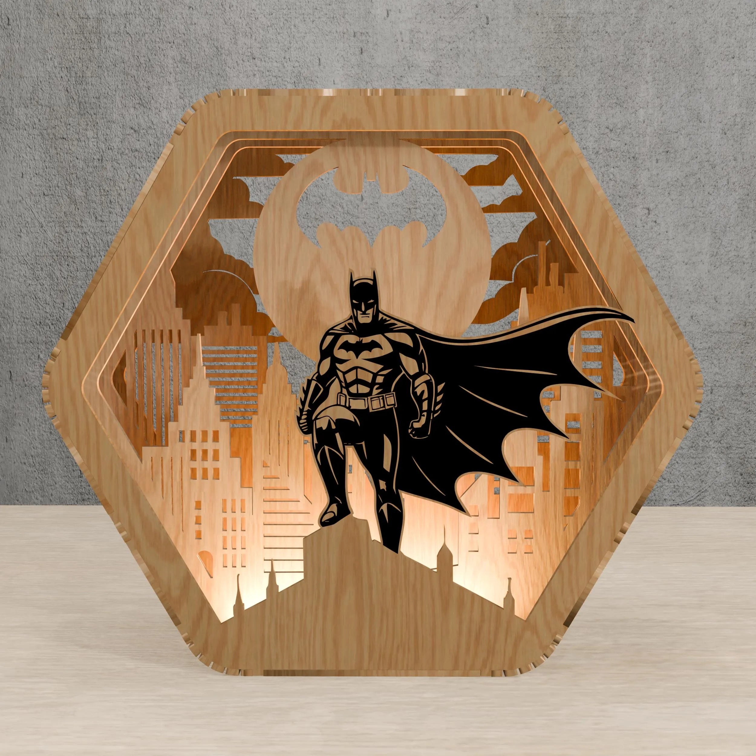 Dark Knight Hero Multilayer Laser Cut SVG, Caped Vigilante & City Skyline 3D Layered Wood Art, Glowforge Superhero Decor Digital Download