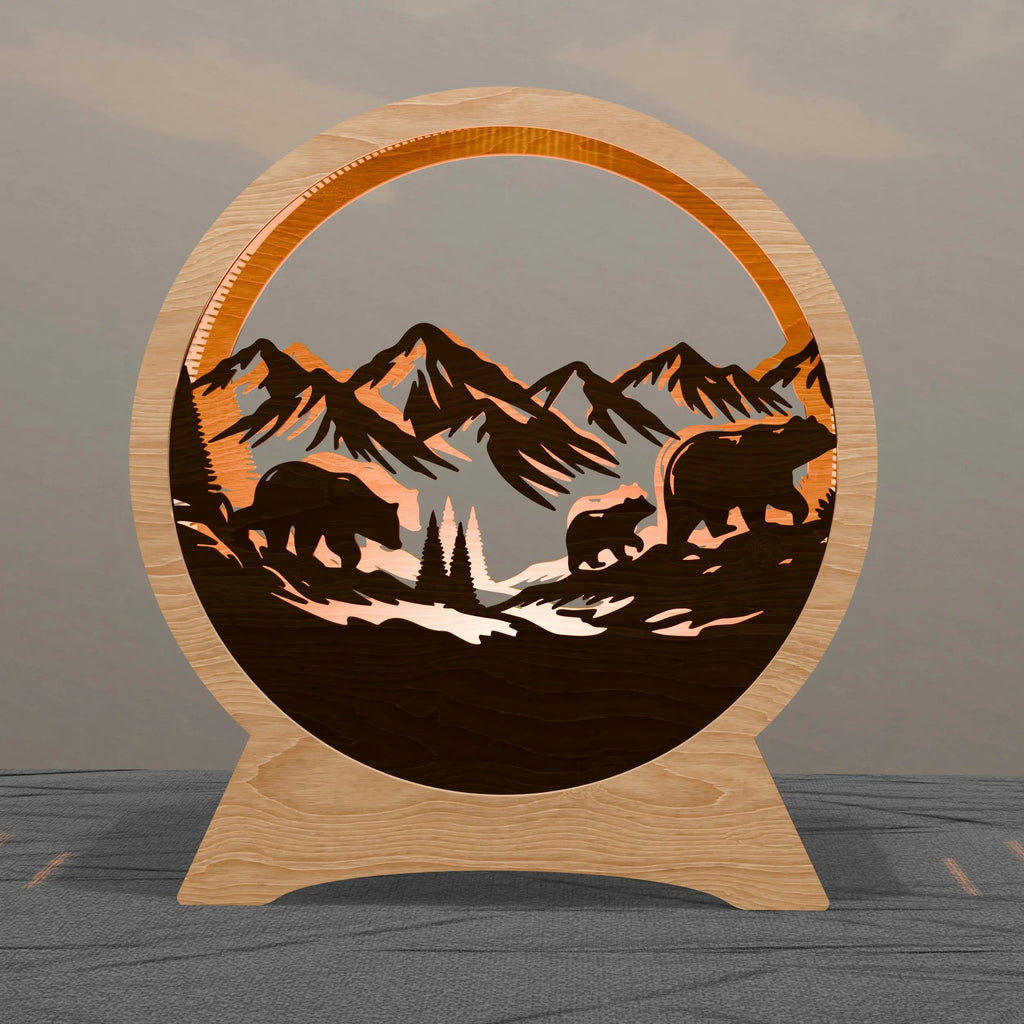 Bear Mountain Lamp Laser Cut Files SVG, 3D Layered Wildlife Night Light, Glowforge Wood Lantern DXF, Forest Scene Digital Download
