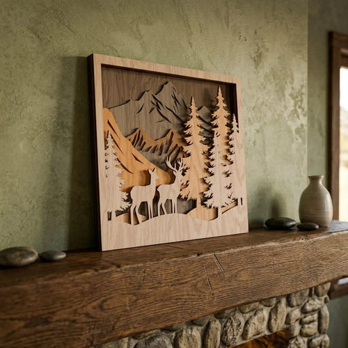 3D Deer Mountain Forest Shadow Box SVG Laser Cut File, Multilayer Wildlife Wall Art, Glowforge Cricut Cabin Decor Digital Download