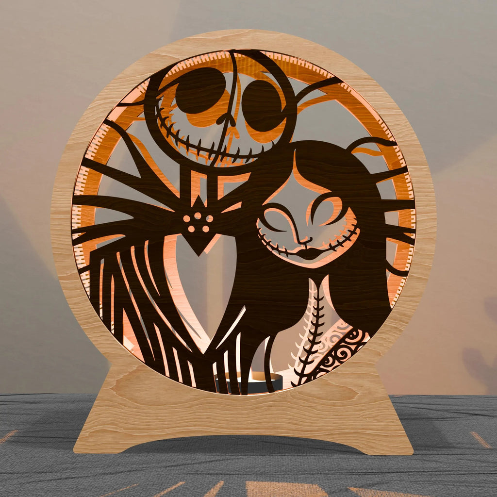 Skeleton Couple Multilayer Laser Cut SVG, Gothic Skull & Rag Doll Love 3D Layered Wood Candle Holder, Glowforge Halloween Decor Digital Download