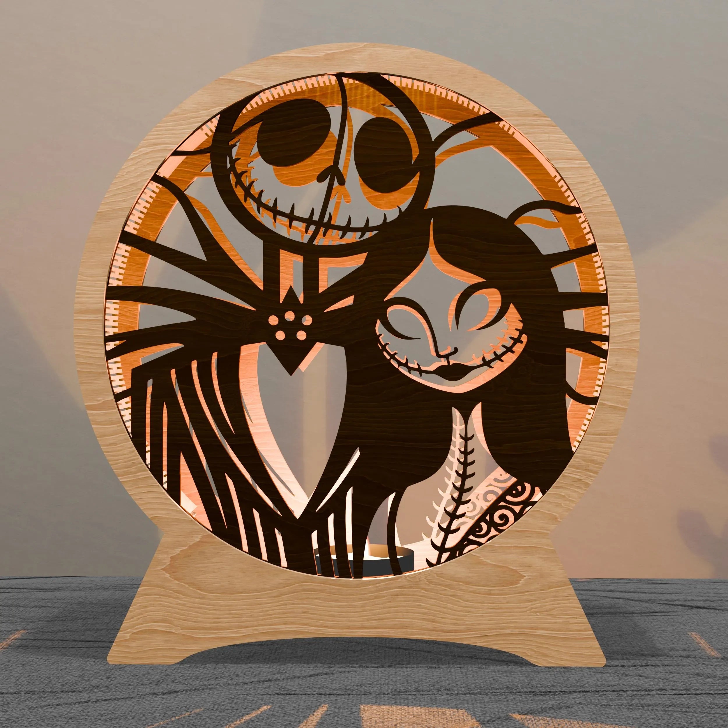 Skeleton Couple Multilayer Laser Cut SVG, Gothic Skull & Rag Doll Love 3D Layered Wood Candle Holder, Glowforge Halloween Decor Digital Download