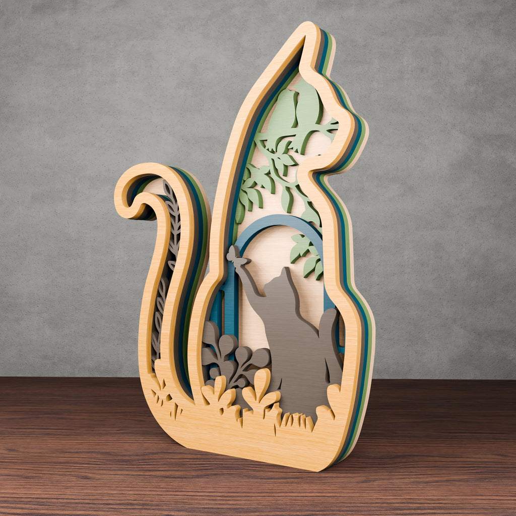 Multilayer Cat SVG Laser Cut File, 3D Layered Cat & Butterfly Mandala, Cricut Glowforge Wood Wall Art Digital Download