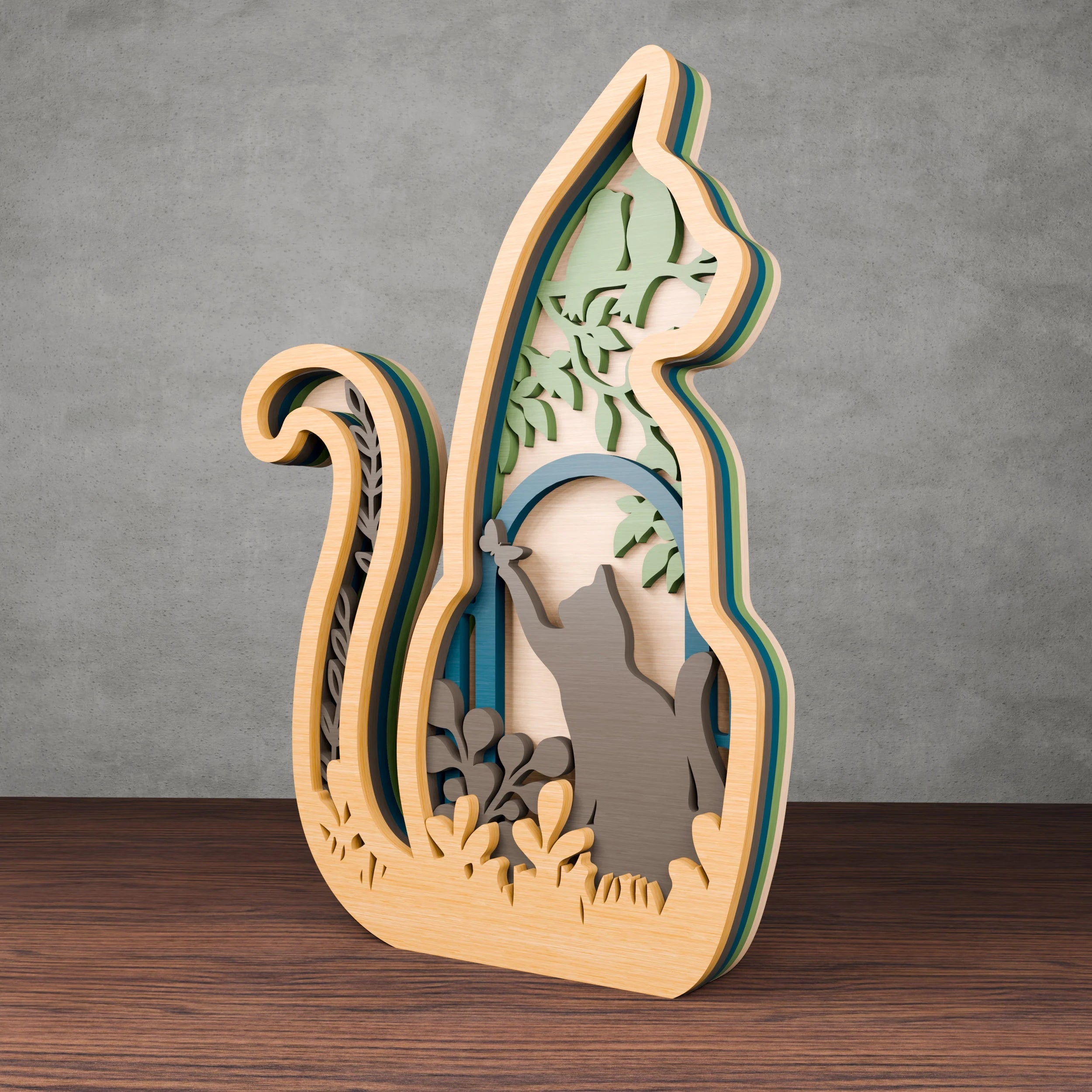 Multilayer Cat SVG Laser Cut File, 3D Layered Cat & Butterfly Mandala, Cricut Glowforge Wood Wall Art Digital Download